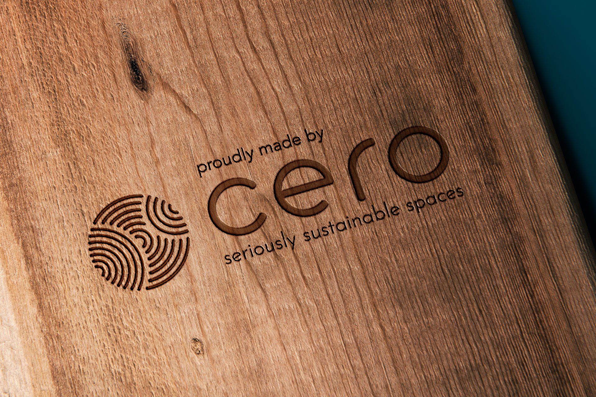 Cero logo burnt into dark wood