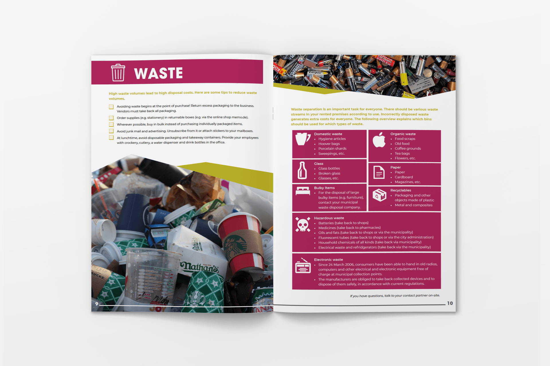 A book is open on a two page spread on household waste.