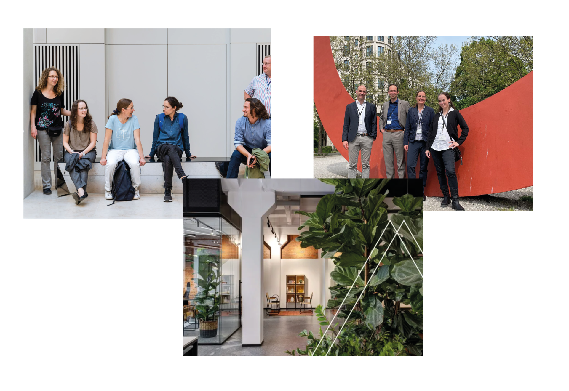 Three images. Top left: five people sit on a bench chatting to each other. Top right: two women and two men in jackets and smart trousers stand in front of an outdoor piece of art. Bottom: a bright, white and gold, well-lit office space with plants.
