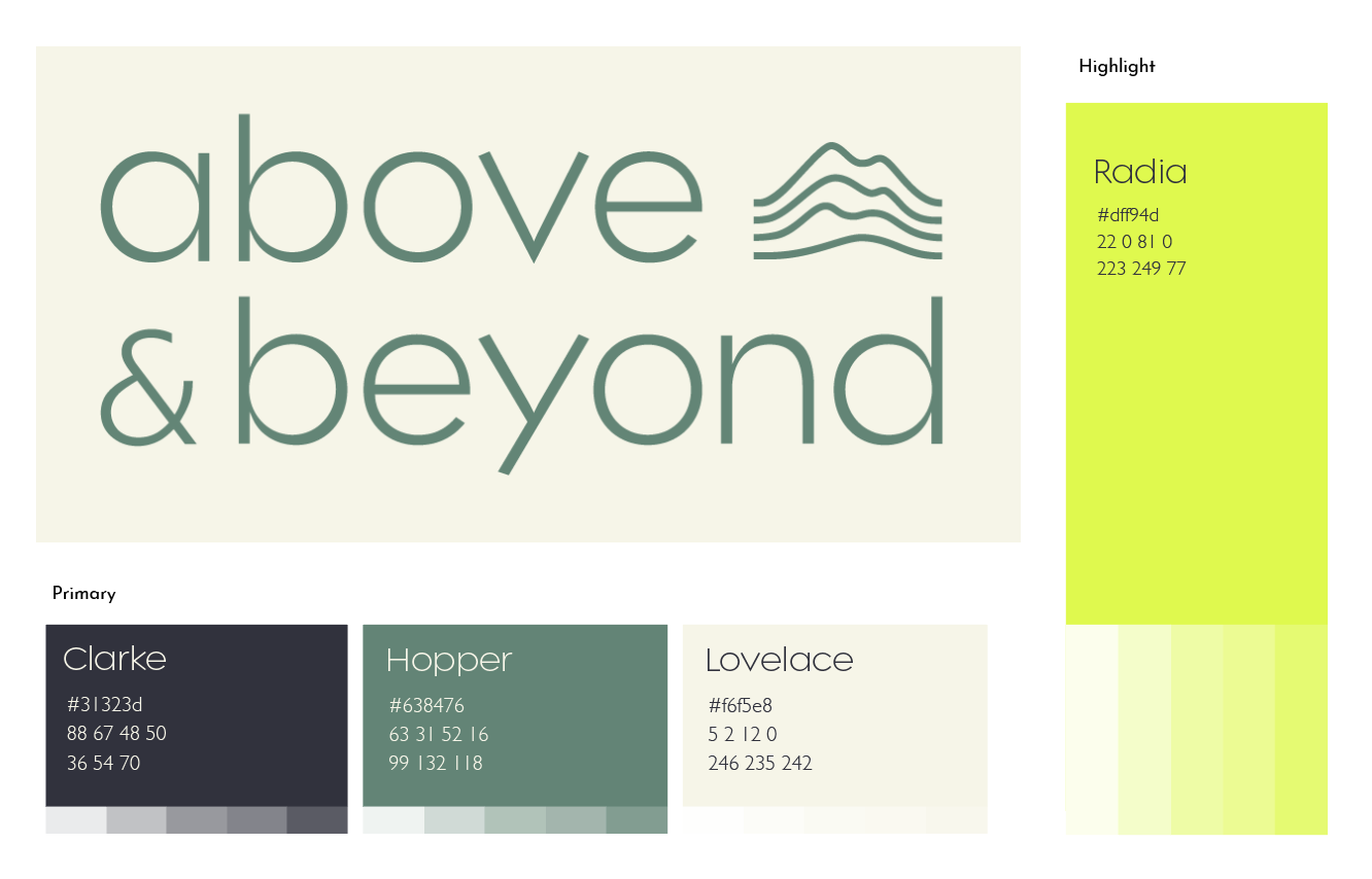 A montage image featuring a green and cream logo and four colour boxes with various tints to show the brand colours for above and beyond. The colours are a navy, sage green, cream and neon yellow.