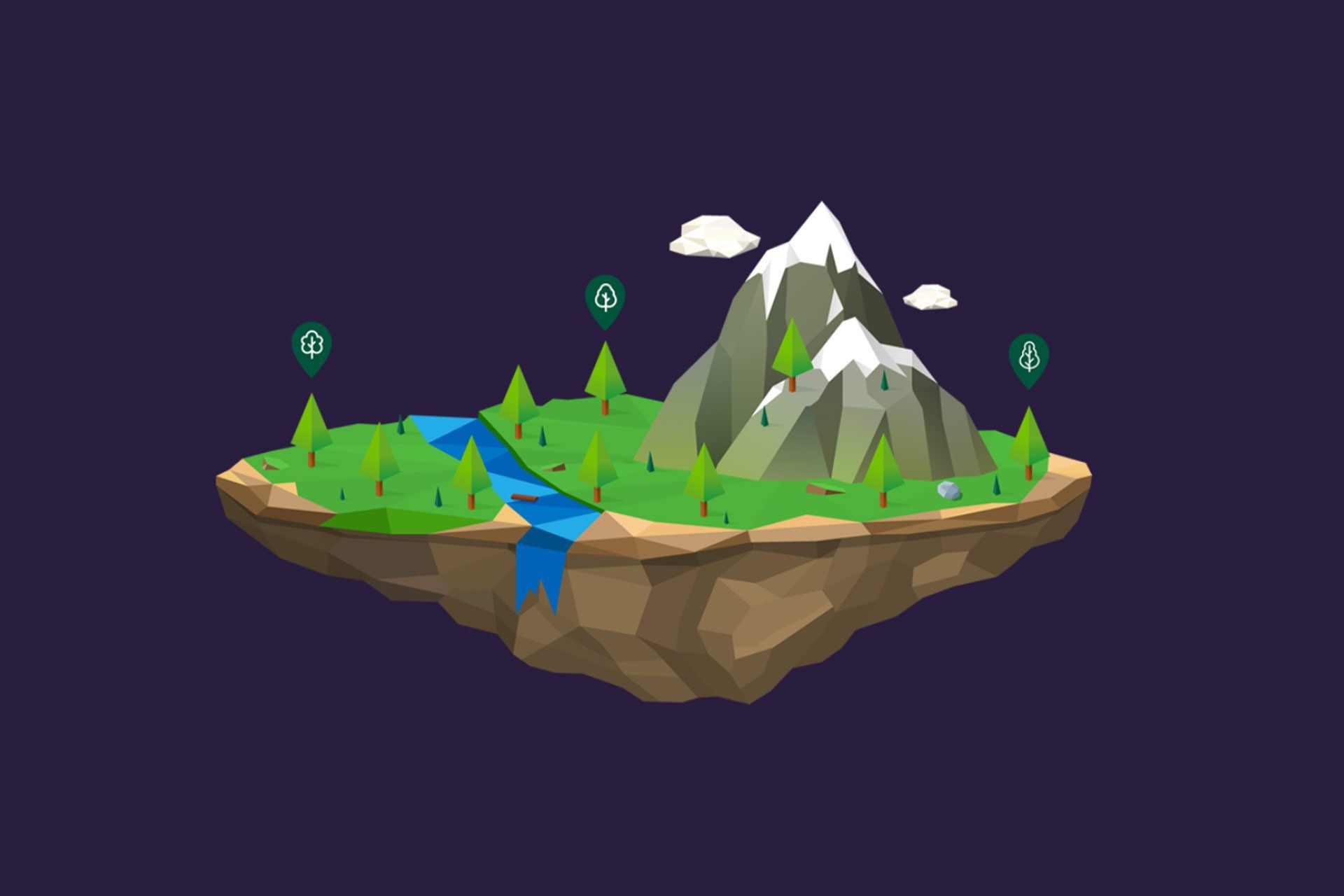 Graphic of a segment of the earth, with trees, mountains and a river on it. Several trees feature a logo pin above them.