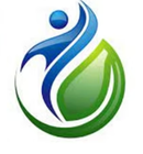 A blue and green logo with a person and a leaf