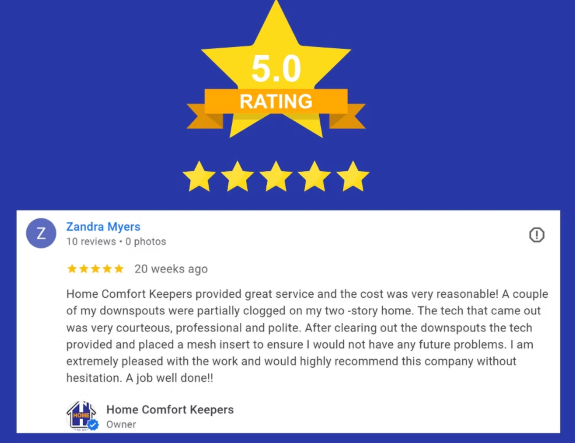 A 5.0 rating for home comfort keepers is shown on a blue background.