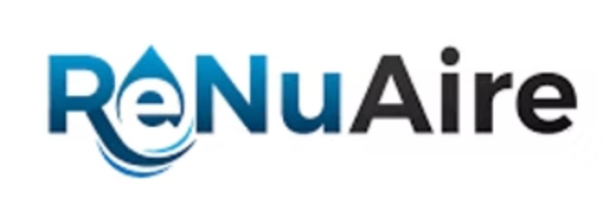 A blue and black logo for renuaire on a white background