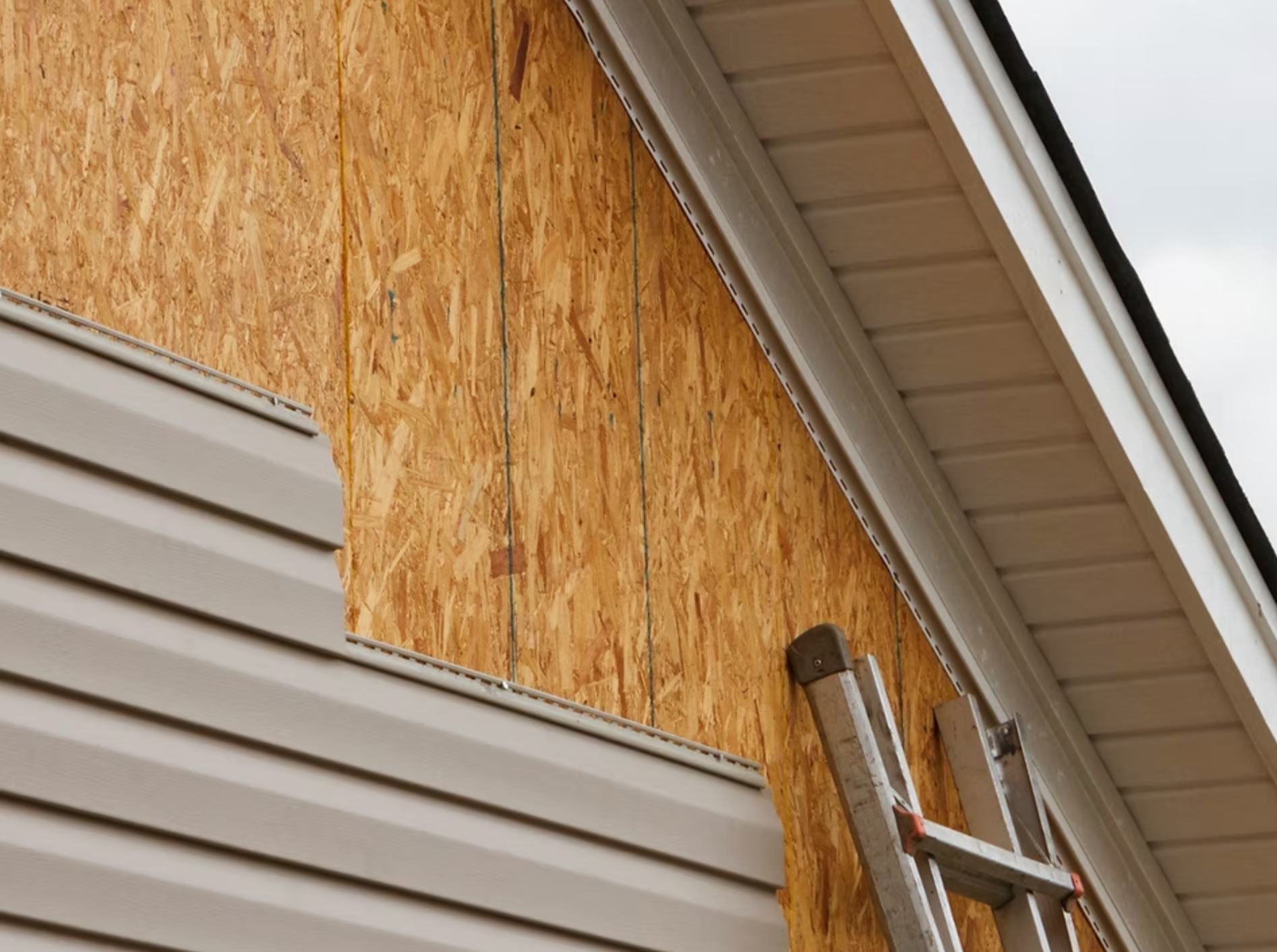 A ladder is leaning against the side of a house.