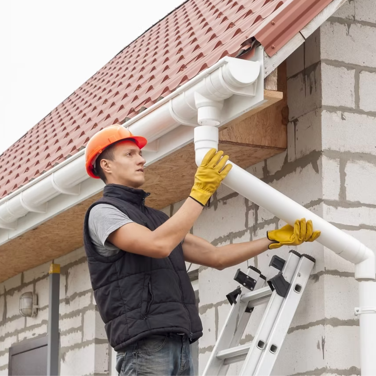 A man is standing on a ladder fixing a gutter