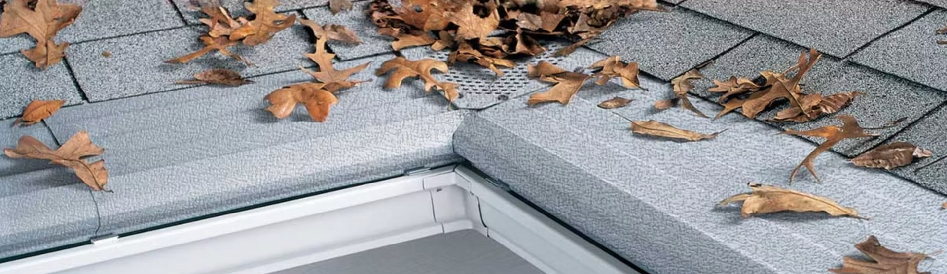 A close up of a roof with leaves on it.