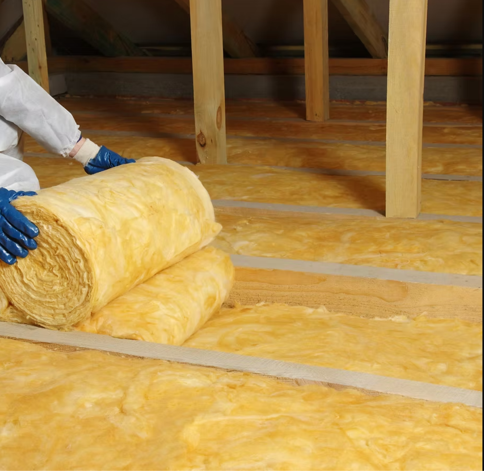 A person wearing blue gloves is holding a roll of insulation