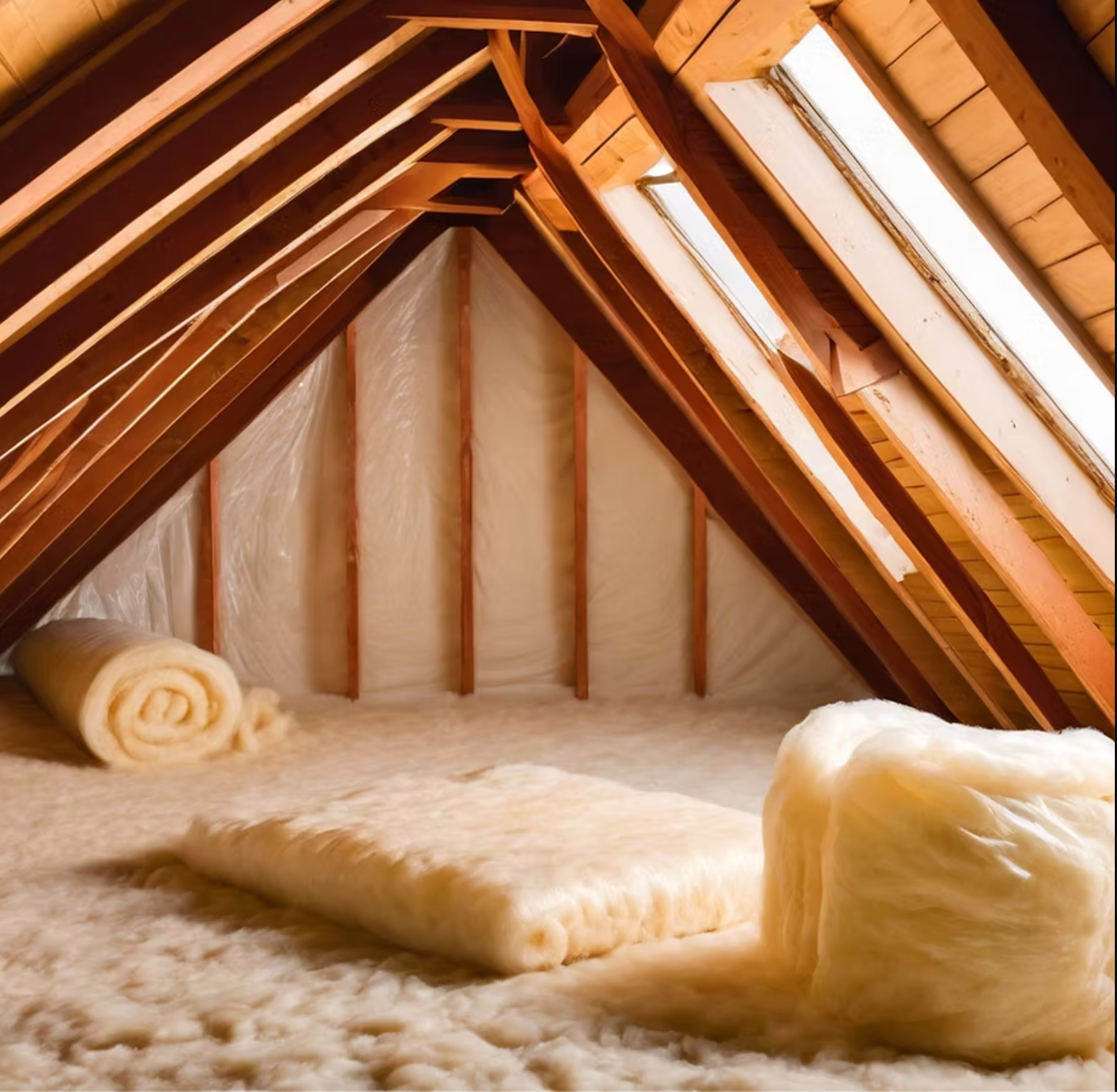 An attic with rolls of wool on the floor