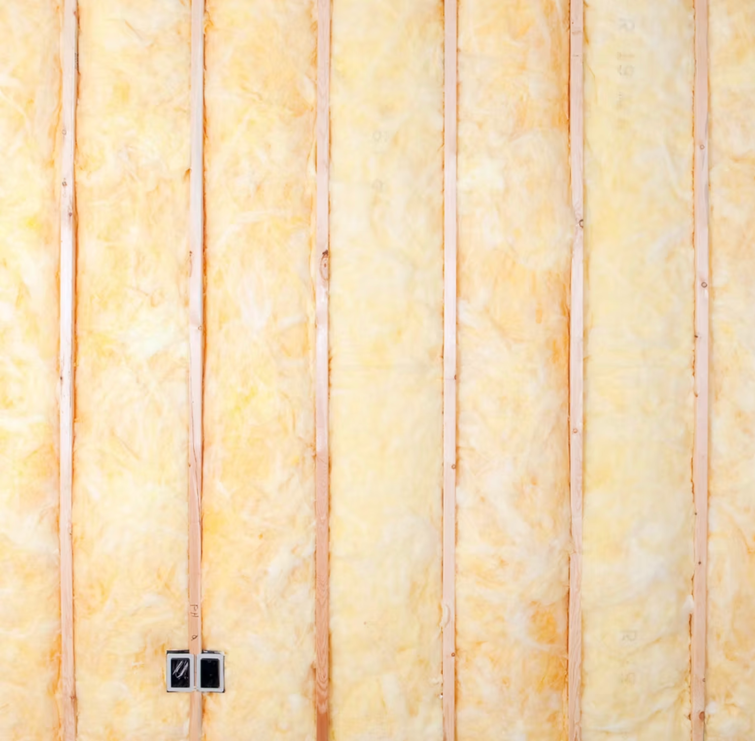 A wall with wooden beams and insulation on it.