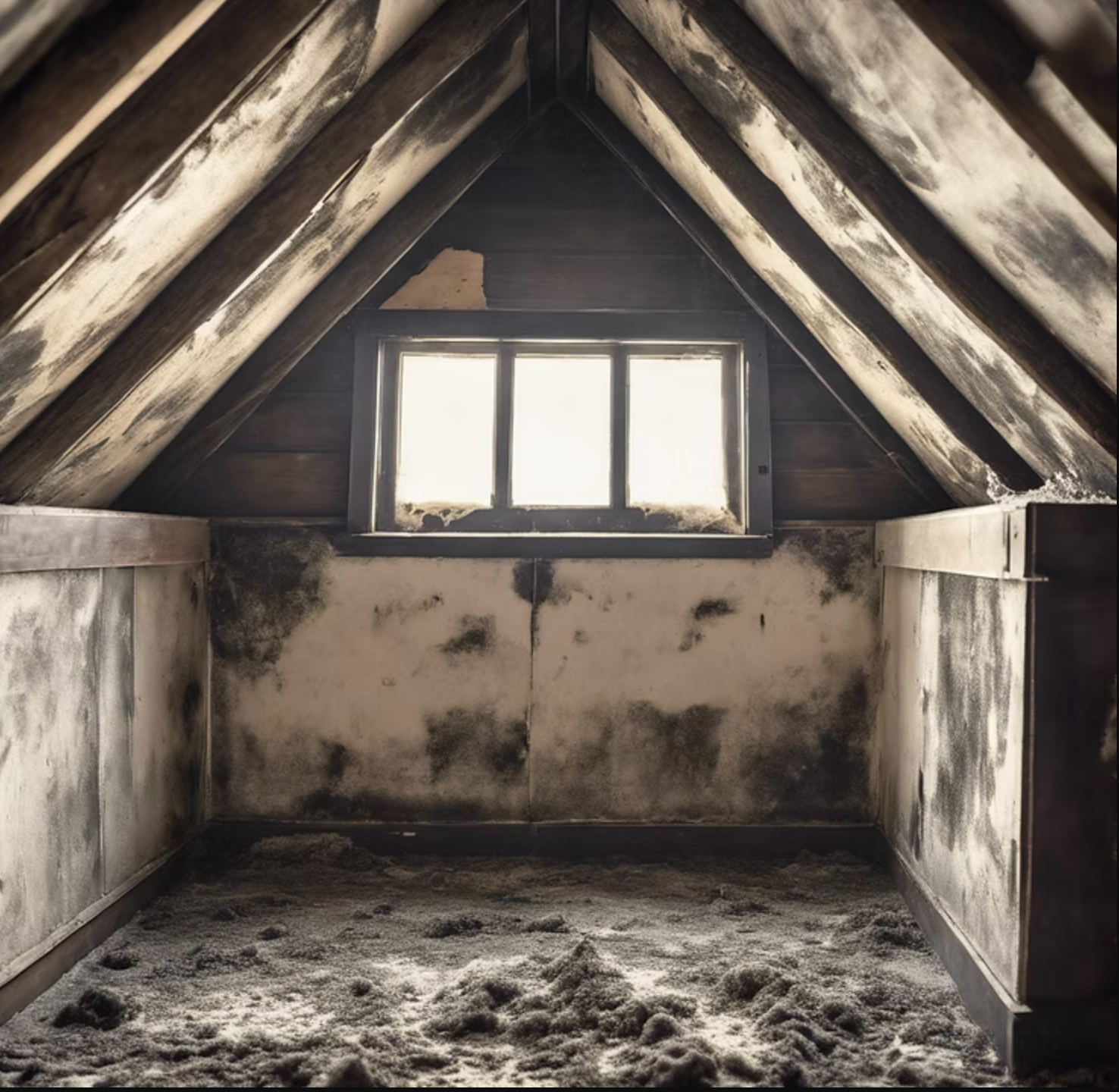 An attic with a window and a lot of dust on the floor