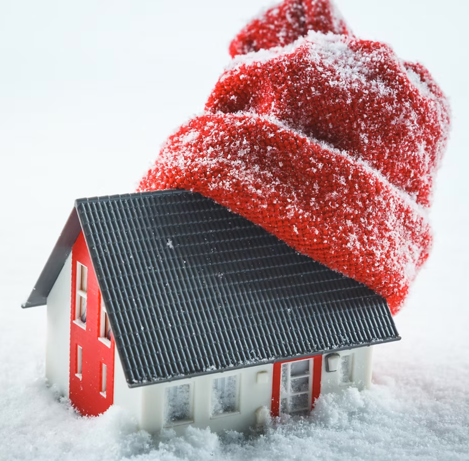 A small house with a red scarf wrapped around it