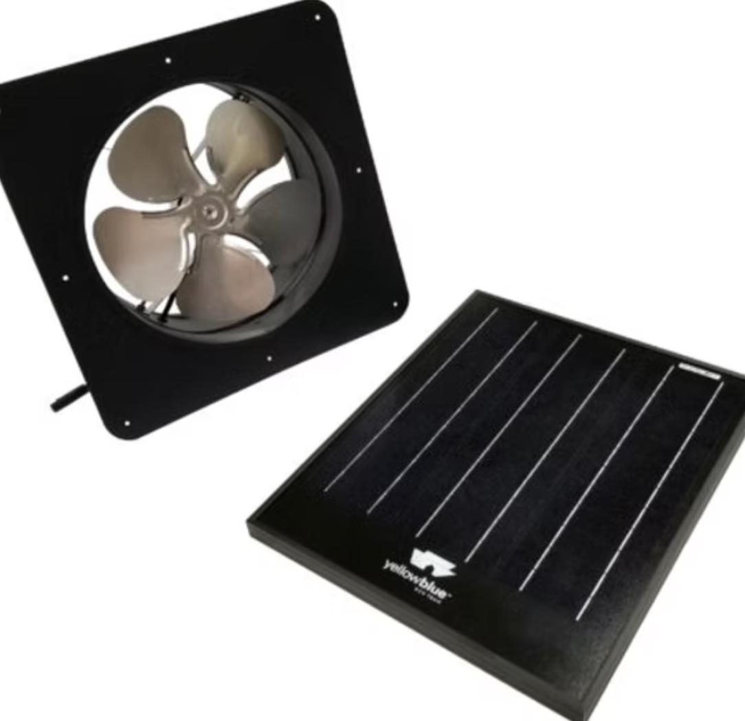 A fan and a solar panel on a white background