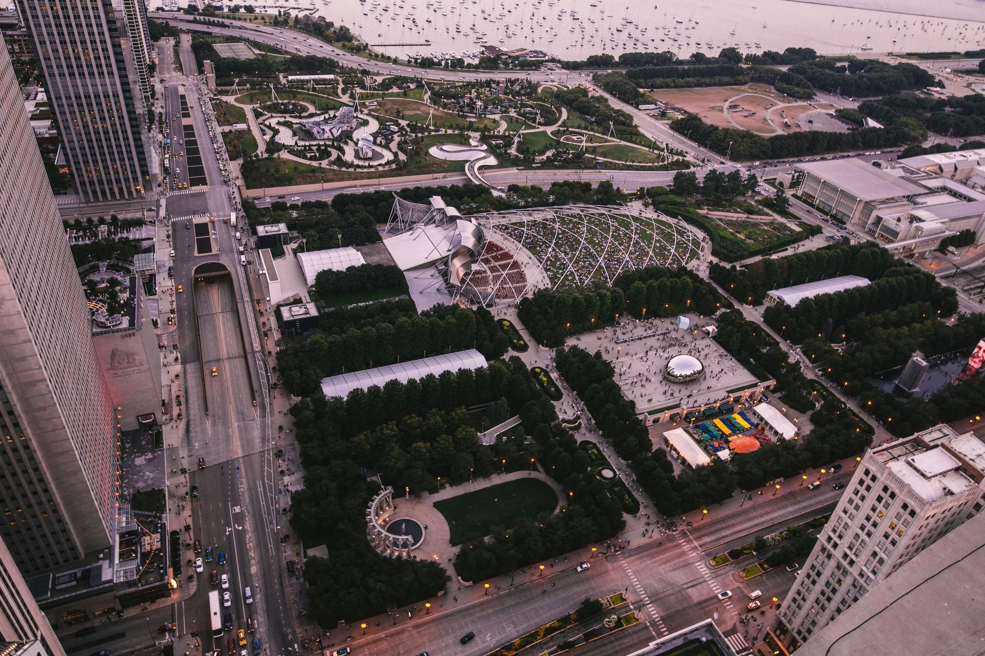 An aerial view of a city with a park in the middle