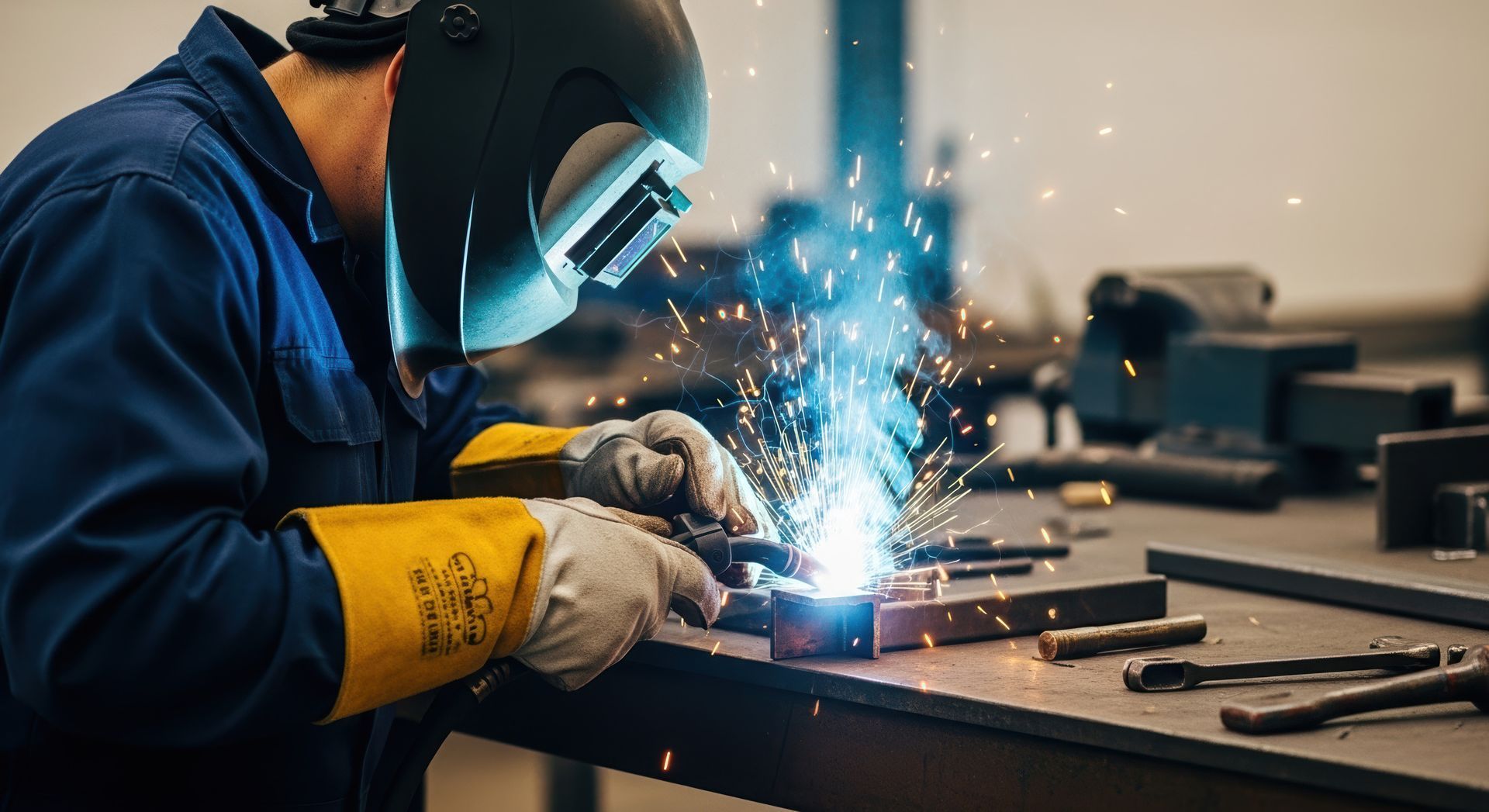 Welder in protective gear welding metal, sparks flying.