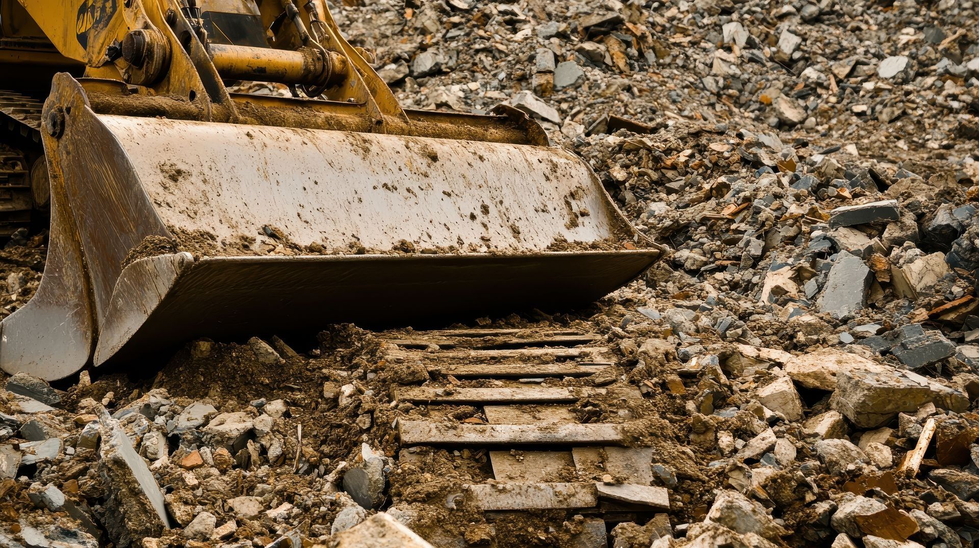 Close-up of a construction excavator's dirty bucket and treads, working in a pile of rubble.