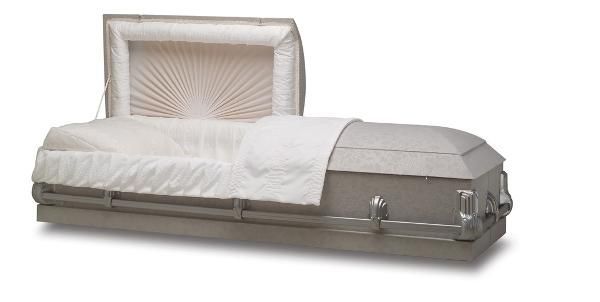 An open, white-lined casket. The lid is partially open, revealing a white interior and fabric.