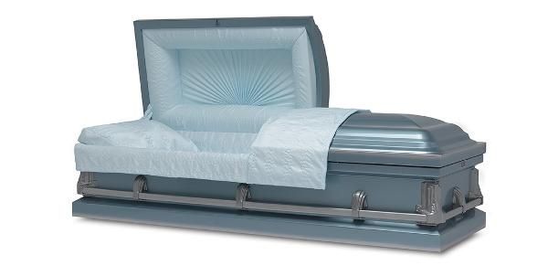 Blue open casket with light blue interior and bedding.