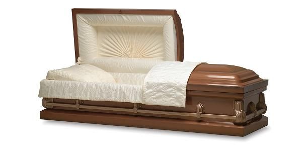 A brown wooden casket with the lid open. The interior is cream-colored.
