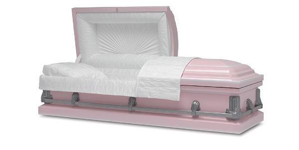A pink open casket with white interior lining.