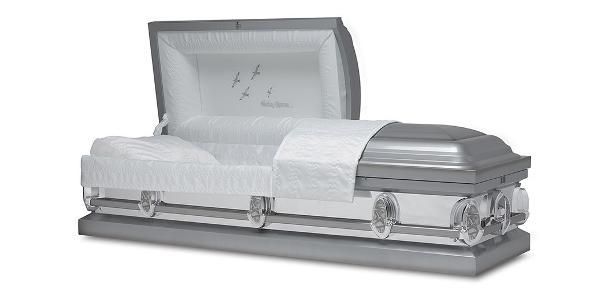 A gray, open casket with white interior lining and a white sheet partially covering the contents.