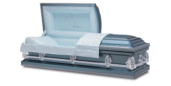 Blue open casket with white interior and a light blue top.