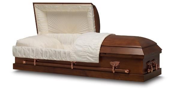 Open wooden coffin with light-colored interior and partially open lid.