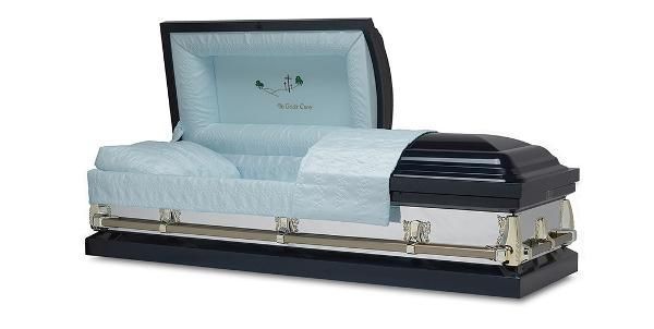 Blue and silver casket with the lid partially open.