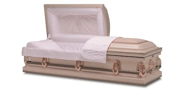 Open, beige coffin with white interior.