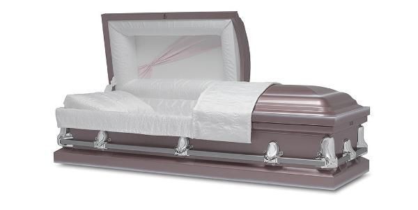 A pink casket with the lid open, revealing white interior and bedding.