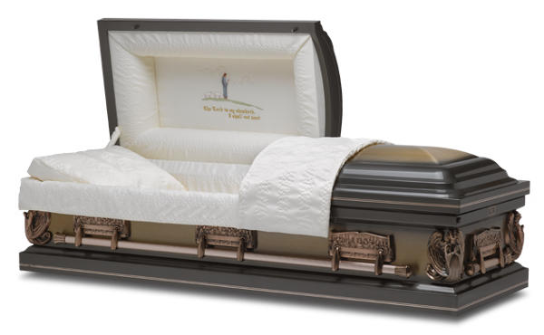 Open gray and bronze casket with white interior and bedding.