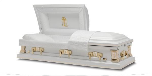 White casket with the lid partially open, with gold-colored handles and cross.