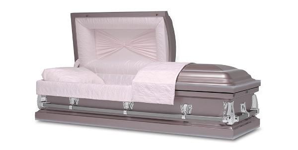 Open gray casket with light pink interior, partially open on white background.