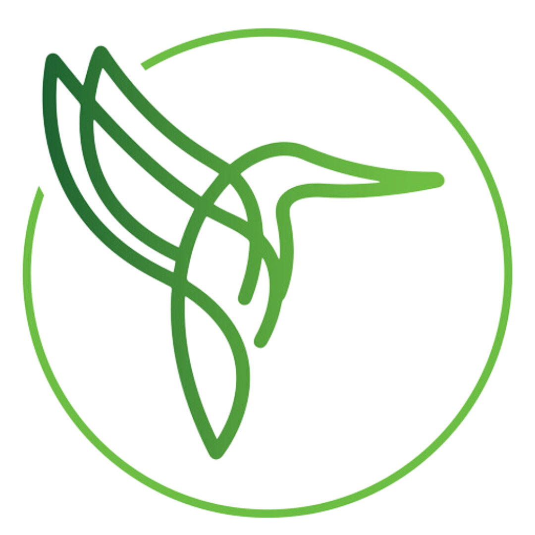 A green hummingbird is flying in a green circle.