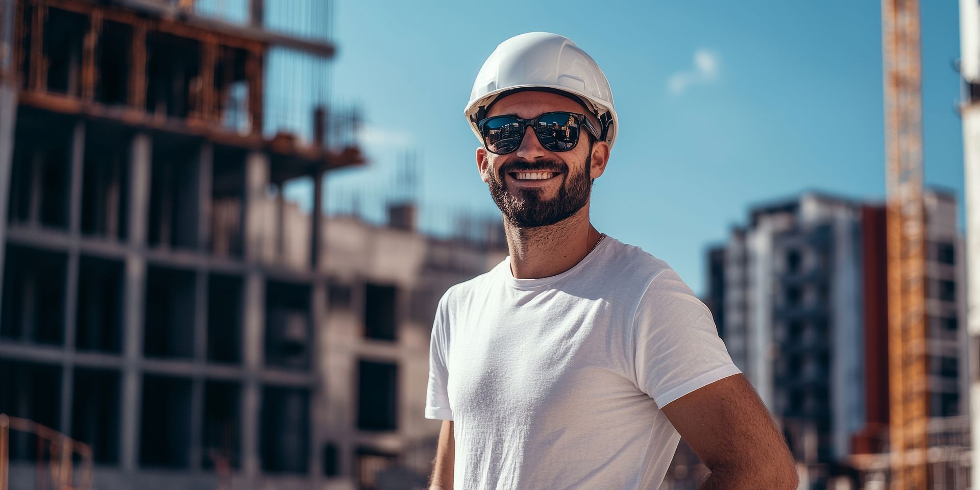 Construction worker in sunglasses and hard hat smiling in front of buildings.