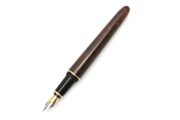 A brown fountain pen with a gold nib on a white background