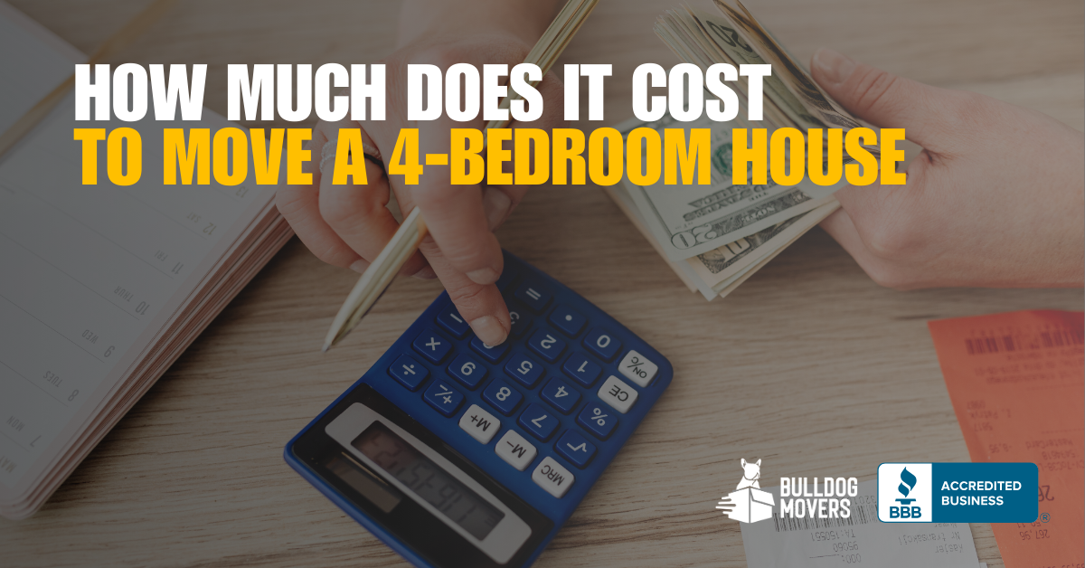 Person calculating moving costs with cash, calculator, and notepad. Text: 