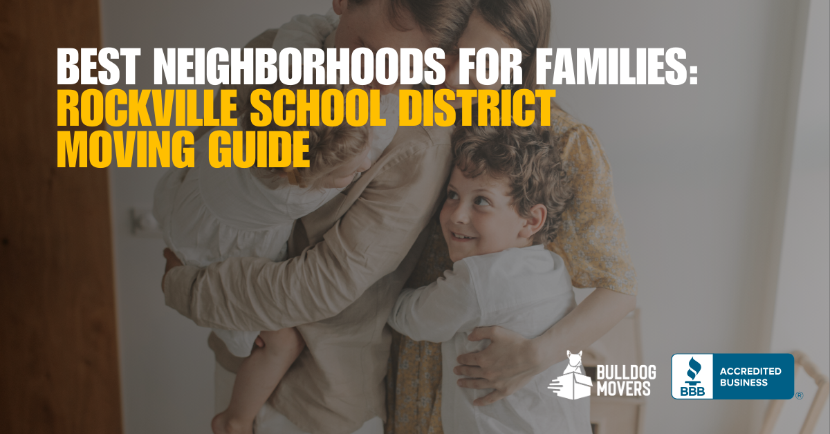 Mom and child hugging, Rockville school district moving guide, text overlay.