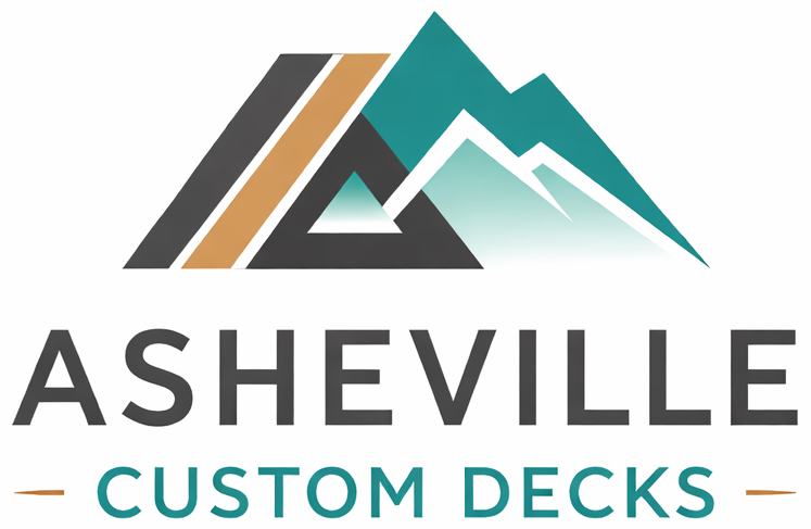 Logo for Asheville Custom Decks: stylized mountain range in teal and brown, with company name below.