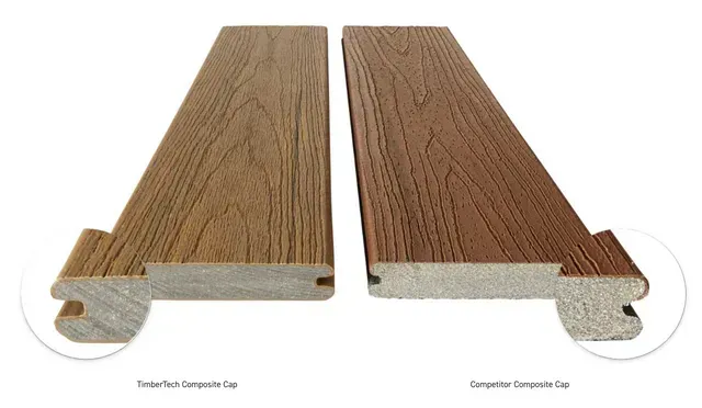 Two wood-look composite deck boards, light and medium brown, with different edge designs.
