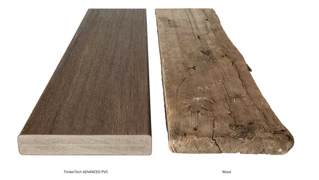 Two wooden planks side-by-side: a smooth, grey one and a weathered, brown one with a rough edge.