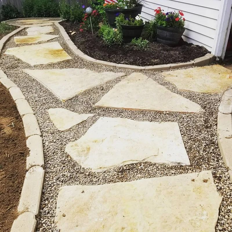 Curved stone-and-gravel garden path beside a white house and flower pots.