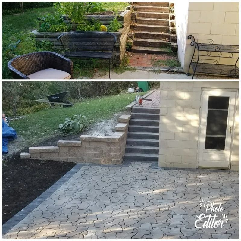 Before-and-after backyard patio with new stone steps, retaining wall, and paved walkway beside a house