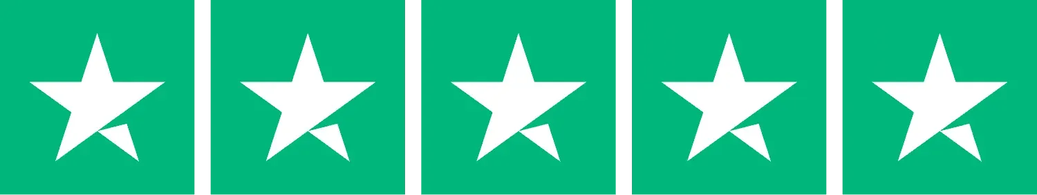 Five white stars on a green background, indicating a five-star rating.
