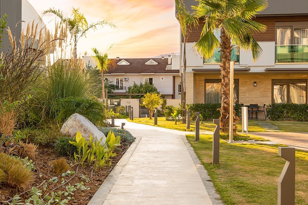Pathway through a landscaped yard, leading to modern buildings at sunset.