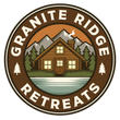 Logo for Granite Ridge Retreats, a cabin with mountains, trees, and a lake.