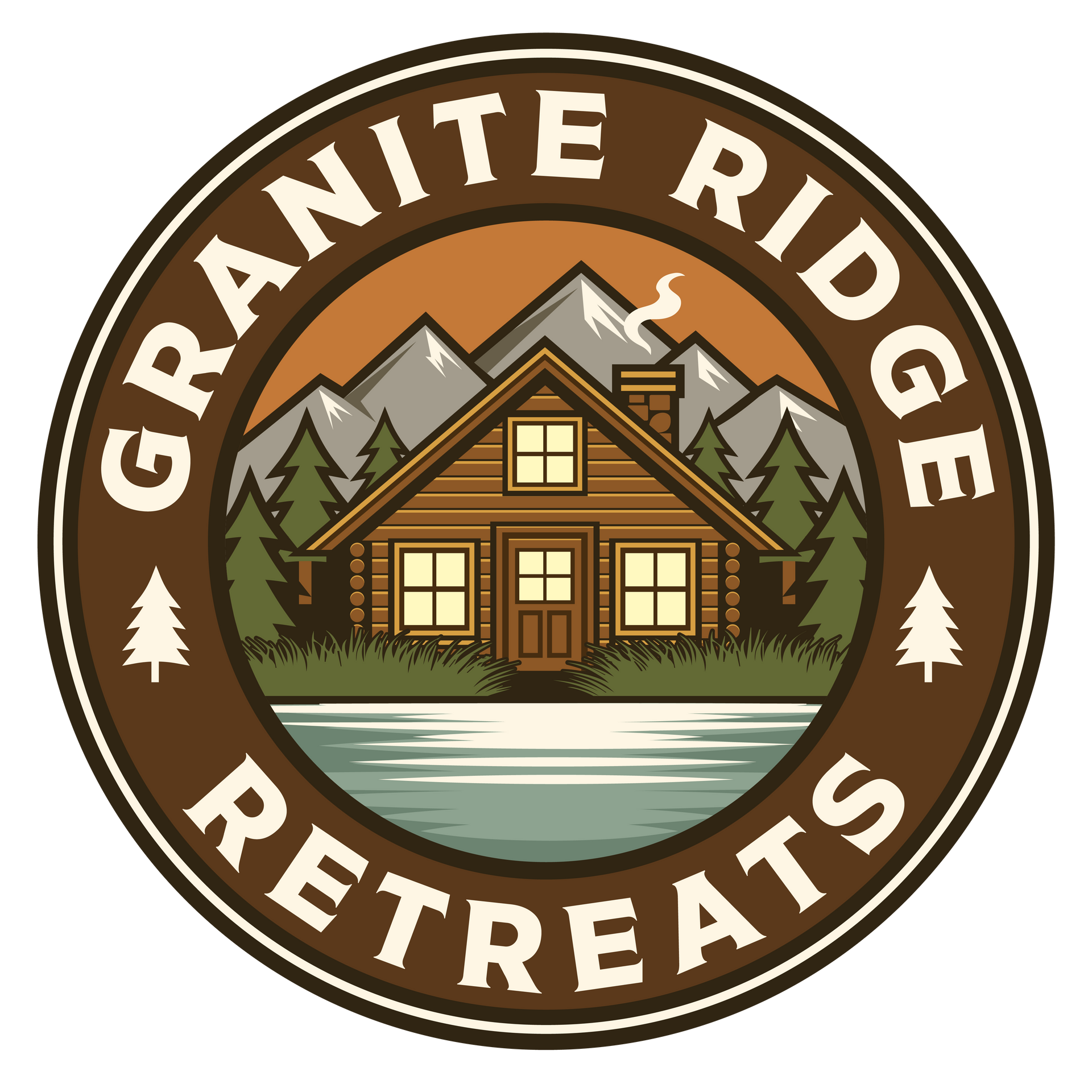 Logo for Granite Ridge Retreats, a cabin with mountains, trees, and a lake.