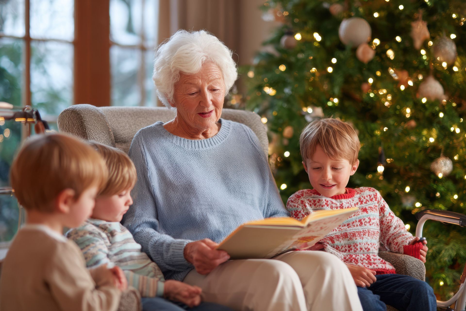  Mom reading to the grandkids around the Christmas Tree. What should we do with Mom's home?