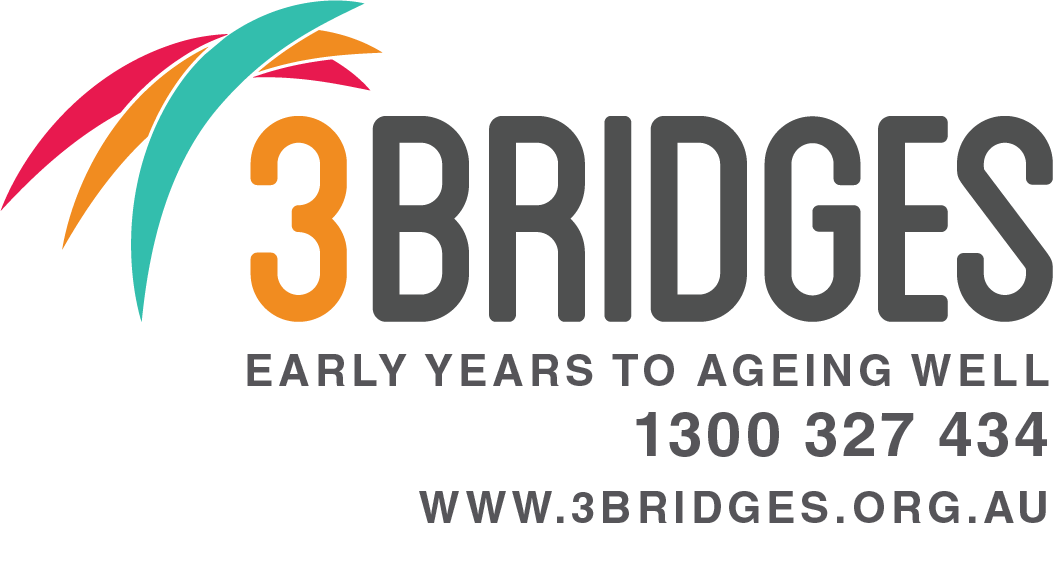 Logo of 3 Bridges: text, colorful curved lines, phone number, and website address.