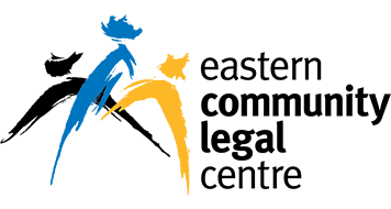 Three colorful figures leap toward the right. Text reads: eastern community legal centre.